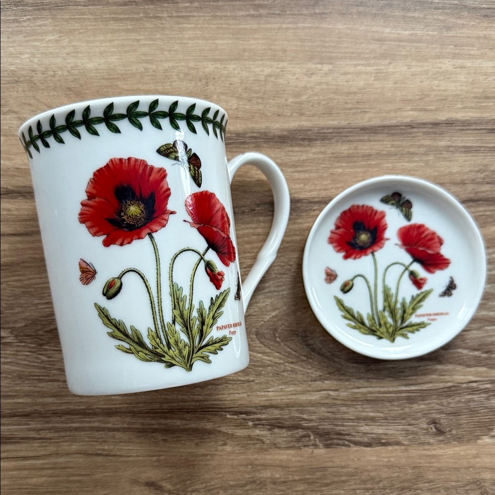 Portmeirion Botanic Garden Porcelain Mug Coaster Poppy Set Susan Williams-Ellis